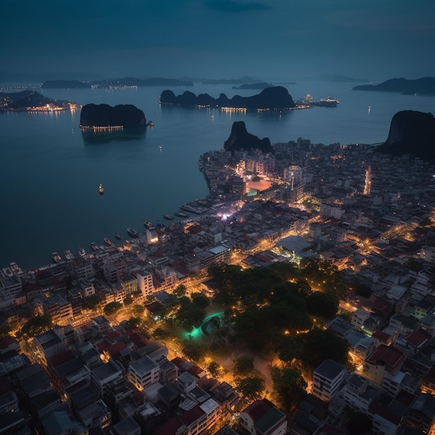 Arafed vista di una città di notte con un lago e montagne sullo sfondo generativo ai