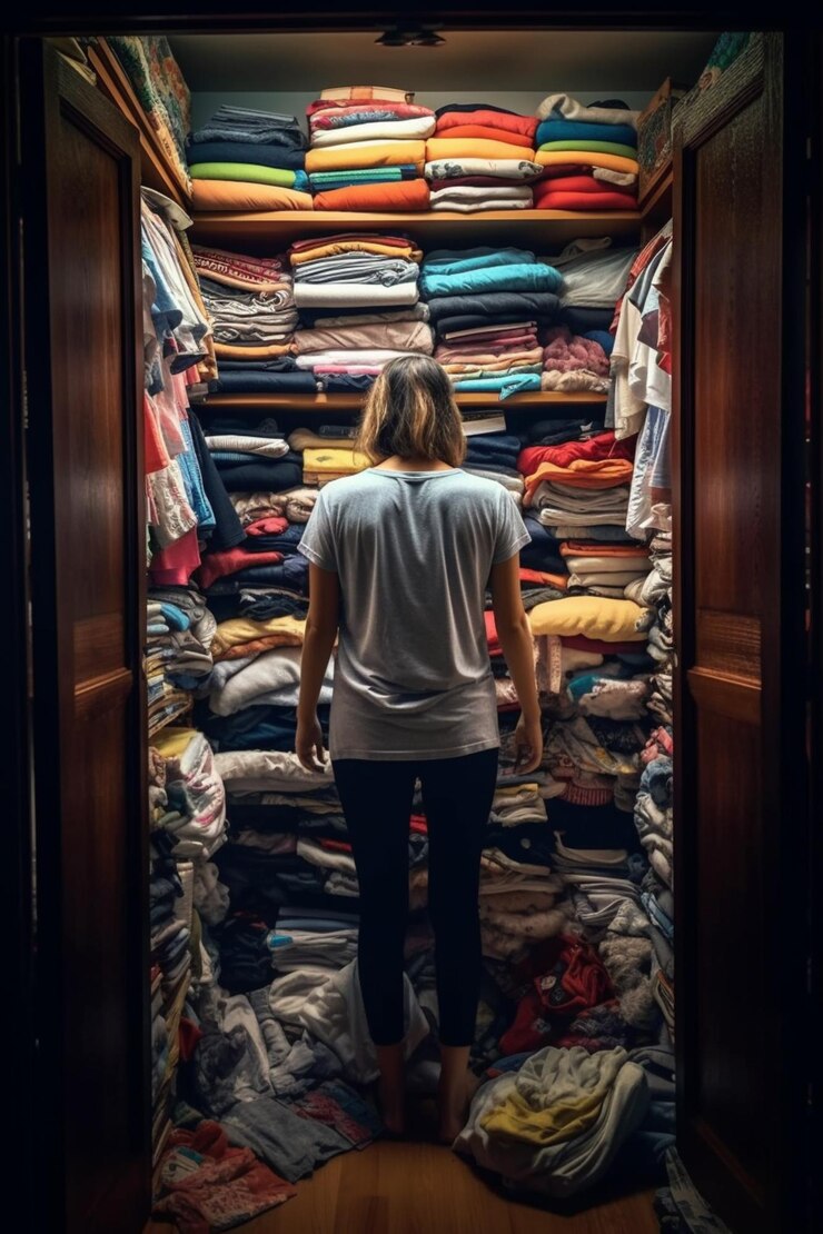 arafed woman standing in a closet full of clothes generative ai