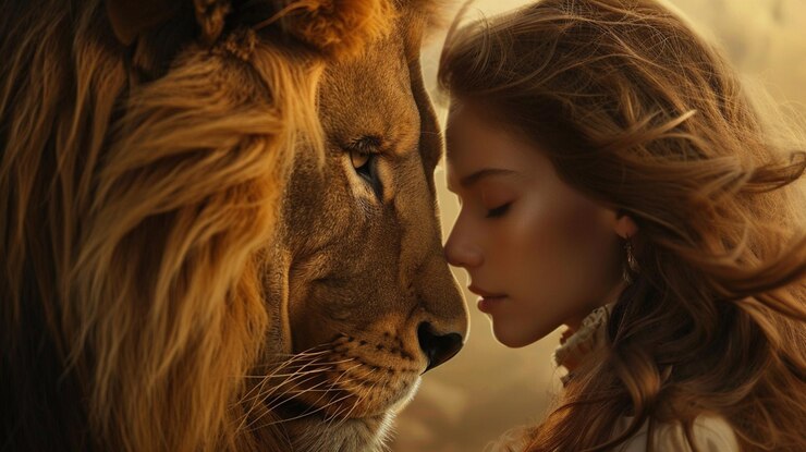 araffe and a woman are kissing a lion in a field generative ai