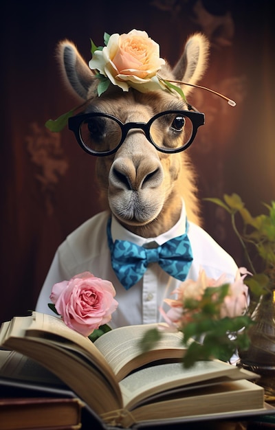 araffe con gli occhiali e un papillon che legge un libro generativo ai