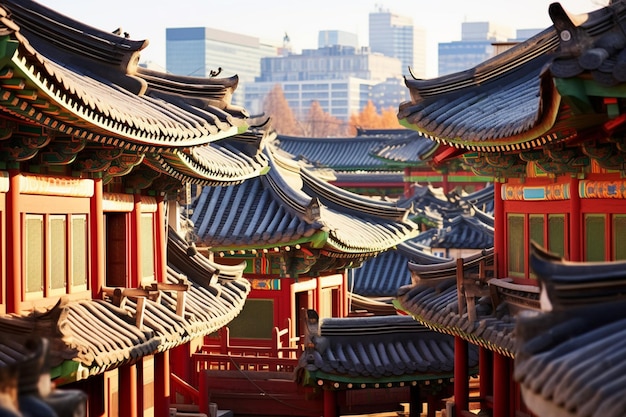 Araffe di architettura asiatica in una città con un edificio alto sullo sfondo