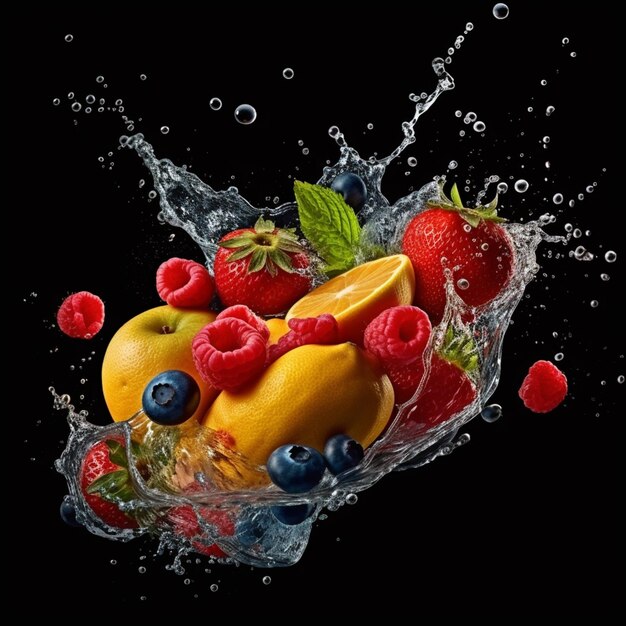 araffe di frutta si tuffano nell'acqua con uno sfondo nero ai generativo