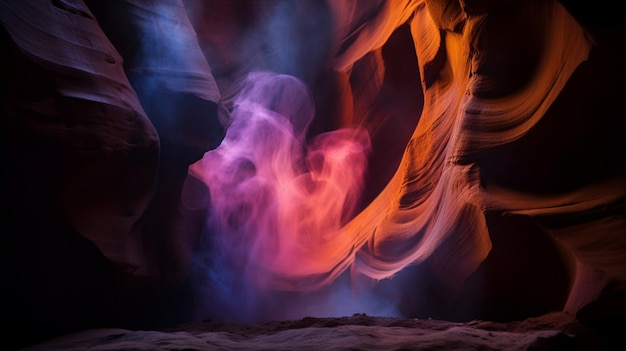 araffe di fumo colorato in un canyon dallo sfondo scuro generativo ai