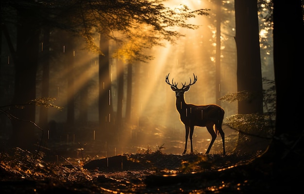 araffe in piedi nel bosco con il sole che splende attraverso gli alberi generativo ai