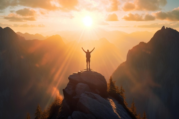 araffe in piedi sulla cima di una montagna con le braccia alzate in aria generativo ai