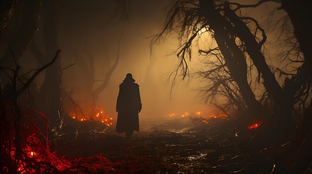 araffe in una foresta buia con un fuoco sullo sfondo AI generativa