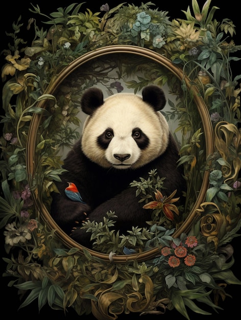 araffe panda in una cornice con fiori e uccelli intorno ad essa generativa ai