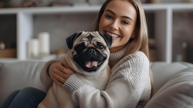 araffe seduto su un divano con una donna che tiene un cane AI generativa