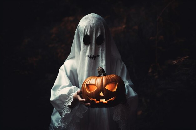 Araffe vestito in un costume di fantasma con una zucca generativa ai