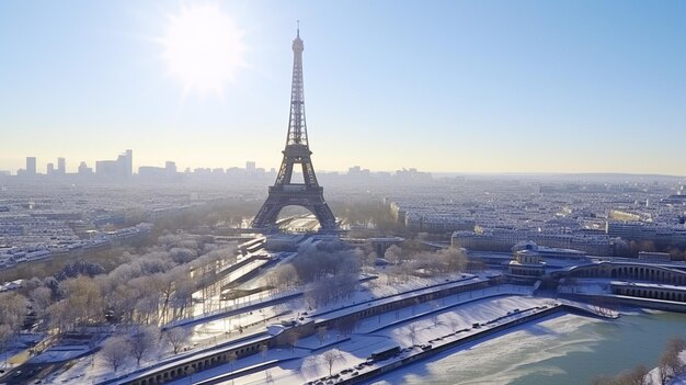 Araffe vista della Torre Eiffel nella neve generativ ai