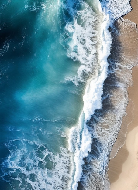 Araffe vista di una spiaggia con una tavola da surf e un'onda generativa ai