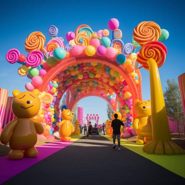 araffes e un uomo che cammina per una strada con un gigantesco arco di palloncini generativo ai