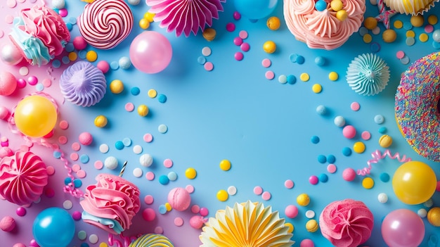 Araffi e cupcake sono disposti su una superficie blu con confetti generativi ai