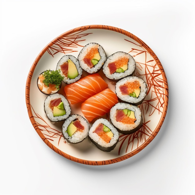 Araffy sushi su un piatto con uno sfondo bianco generativo ai