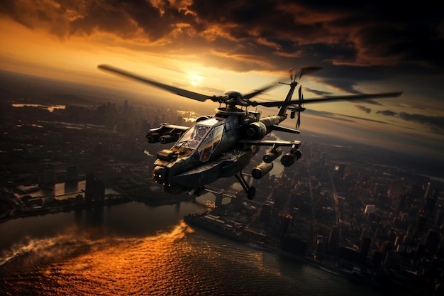 Arafly volando sopra una città con un elicottero nel cielo generativo ai