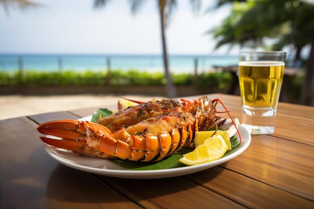 Aragoste alla griglia con bevanda per il pranzo sul tavolo di legno con vista sulla spiaggia sullo sfondo