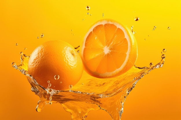 Arance fresche che cadono nel succo d'arancia con effetto splash