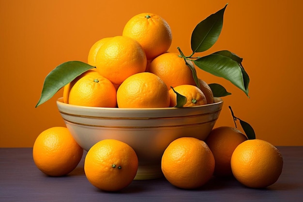 Arance in una ciotola con arance su un tavolo