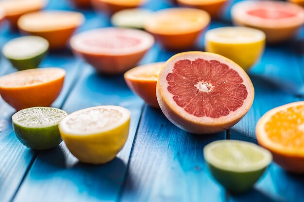 Arance limet limone e pompelmo sul tavolo blu. Assortimento tropicale di frutta fresca.