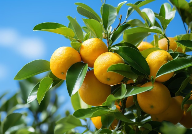 Arance mature e succose mandarini e mandarini appesi all'albero con il cielo blu cibo sano gener AI