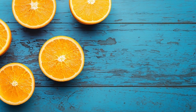 Arance organiche fresche dividono in due i frutti su uno sfondo di legno blu con spazio di copia