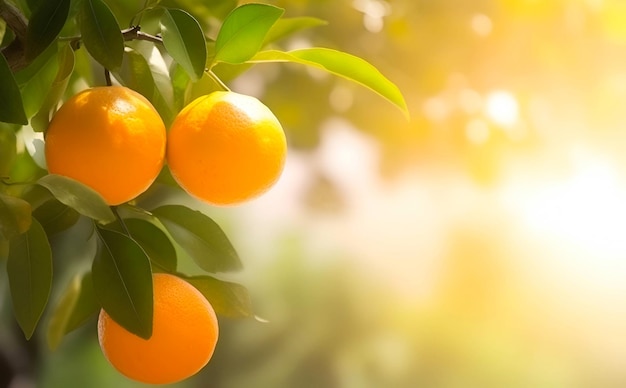 Arance sui rami in pieno sole nel giardino estivo Primo piano dell'albero di mandarino Sfondo sfocato
