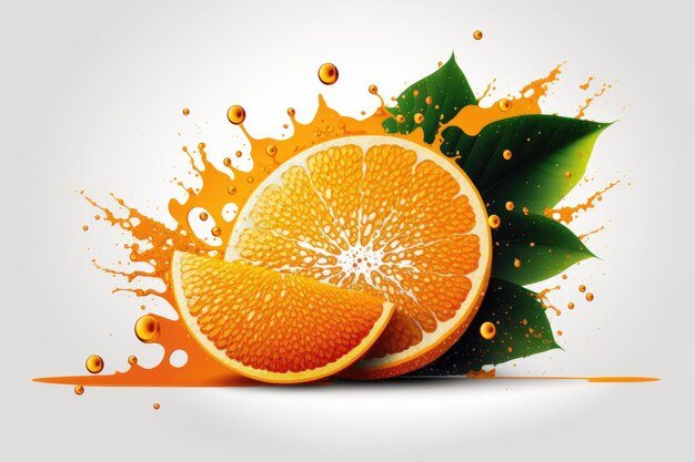 Arancia appena tagliata con foglie e un bicchiere di succo d'arancia AI generativa