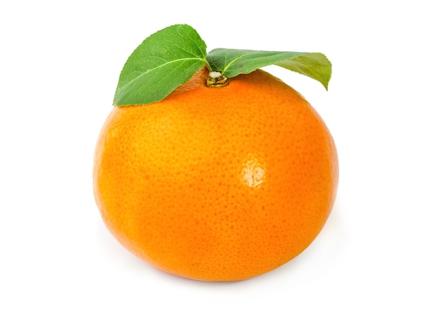 Arancio maturo con foglie su bianco