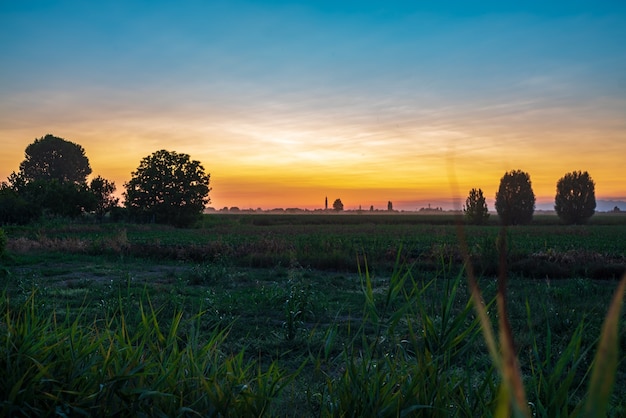 Arancio tramonto nei campi di campagna nel periodo estivo