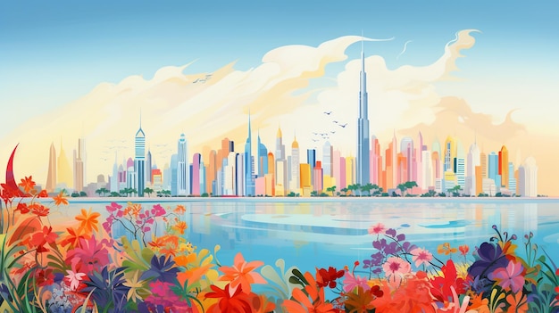 Arazzo illustrato colorato dal paesaggio urbano di Abu Dhabi