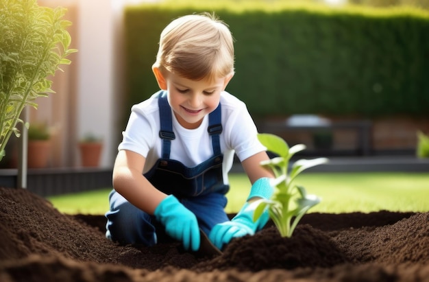 Arbor Day un giovane albero cresce dal suolo piantando piante un piccolo bambino europeo pianta un albero un ragazzo con guanti di gomma primavera giorno soleggiato