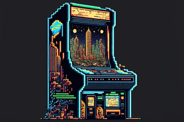 Arcade di slot machine pixel art con sfondo di città in stile retrò per giochi AI a 8 bit