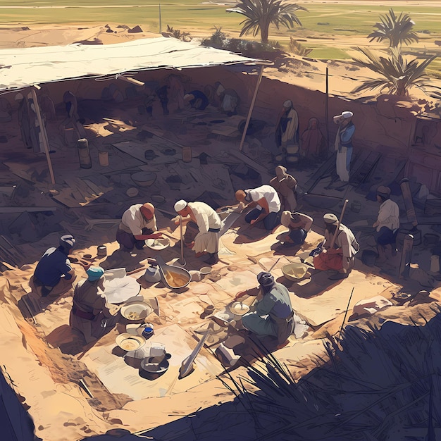 Archeologi che scavano nel deserto