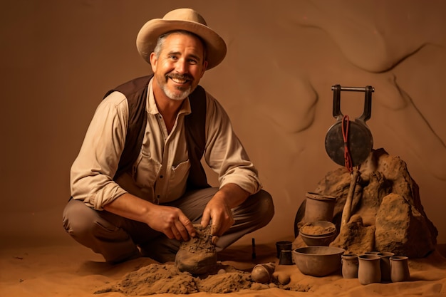 Archeologo maschio curioso con manufatti antichi