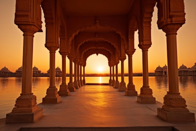 Archi e tempio nel lago Gadi Sagar al tramonto a Jaisalmer Rajasthan India