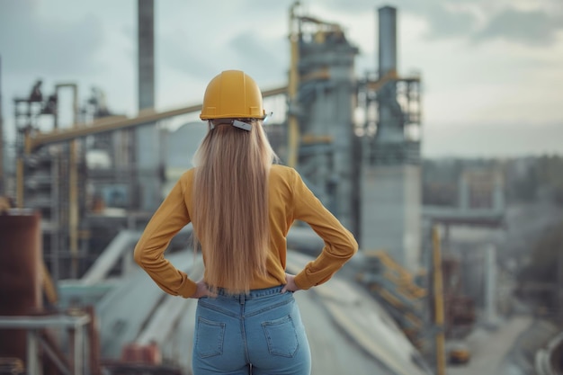 Architetta con casco giallo sul cantiere