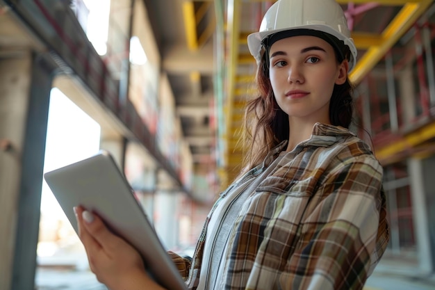 Architetta donna che usa un tablet e guarda la telecamera