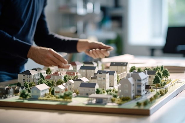 Architetti che discutono un modello di pianificazione cittadina con una piccola città in miniatura su un tavolo generato dall'AI