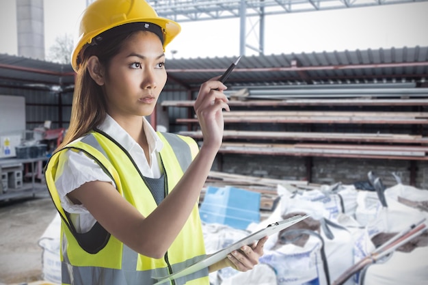 Architetto donna con casco giallo e piani contro il cantiere