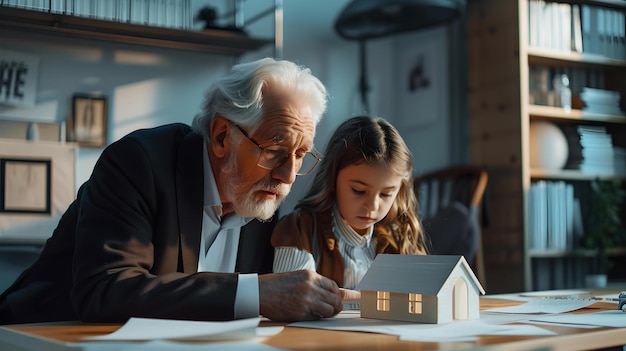 Architetto senior che condivide le conoscenze con una ragazza su una casa modello di apprendimento intergenerazionale e mentoring concetto ambiente creativo AI