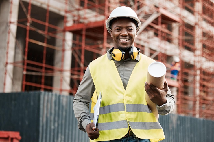 Foto architetto uomo di colore e piano all'aperto in cantiere costruzione con un sorriso per lo sviluppo ritratto di persona ingegnere africano felice per l'ispezione della gestione del progetto o progetto di architettura