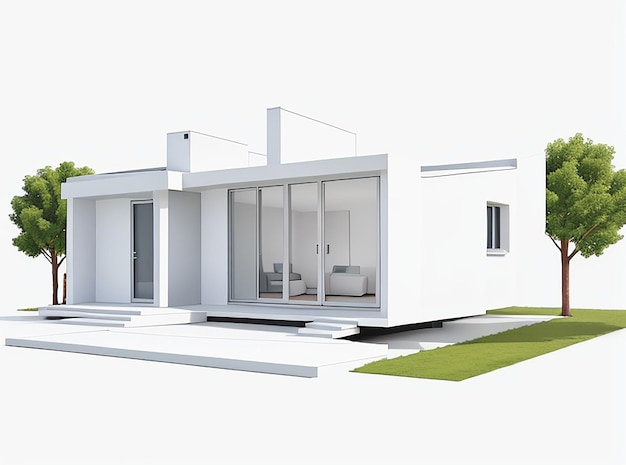 Architettura 3d rendering illustrazione di un moderno edificio per uffici minimale su sfondo bianco