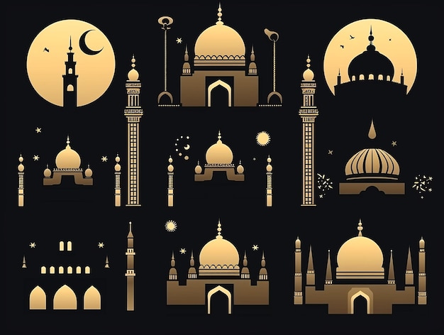 architettura arabica silhouette tetto della moschea paesaggio cittadino islamico panorama e minarete silhouette skyline illustration set vettoriale architettura silhouette moschea araba