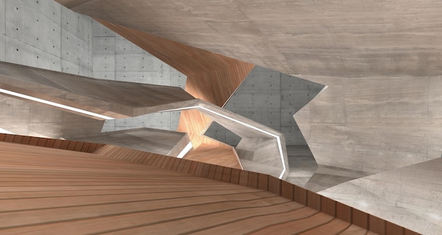 Architettura astratta in legno di cemento e interni lisci in vetro di una casa minimalista