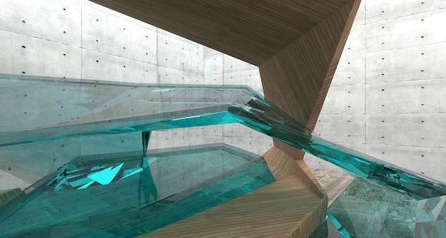Architettura astratta in legno di cemento e interni lisci in vetro di una casa minimalista