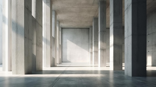 Architettura astratta sfondo vuoto interno in cemento grezzo con colonne diagonali 3d'illustrazione