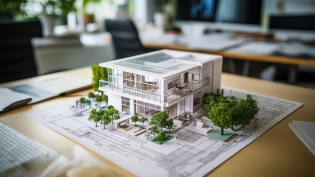 Architettura casa 3d sulla planimetria in ufficio