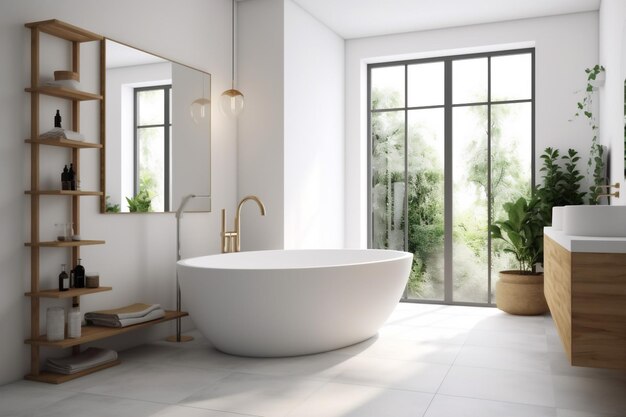 Architettura casa interna vasca da bagno casa bagno bellissimo lusso in legno bianco moderno AI generativa