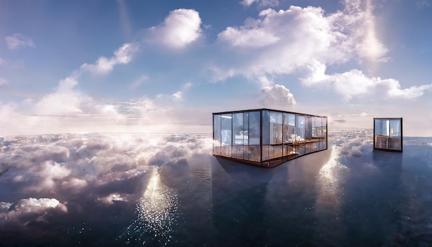 Architettura del cloud Nuvole di paesaggio futuristico astratto al tramonto riflesso nell'acqua Illustrazione 3D di edifici in vetro moderno