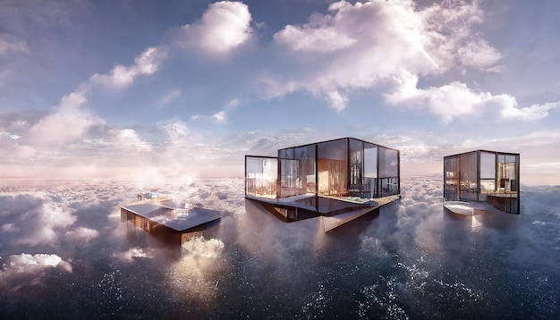 Architettura del cloud Nuvole di paesaggio futuristico astratto al tramonto riflesso nell'acqua Illustrazione 3D di edifici in vetro moderno